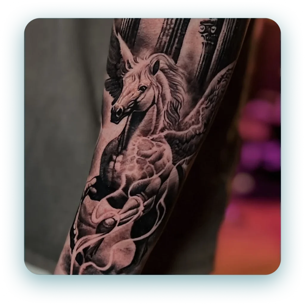 black-and-grey-realism-ancient-greek-pegasus-arm-sleeve-tattoo