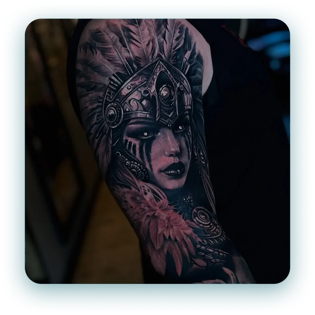 black-and-grey-realism-ancient-viking-woman-arm-sleeve-tattoo