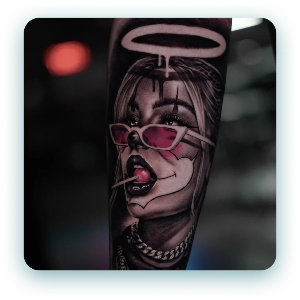 black-and-grey-realism-chicano-style-arm-tattoo-pink-highlight