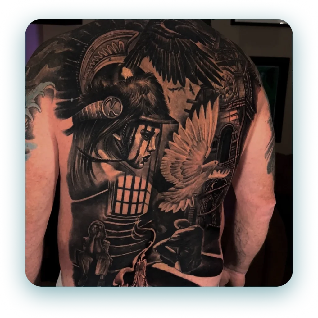 black-and-grey-realism-anienct-story-telling-full-back-tattoo