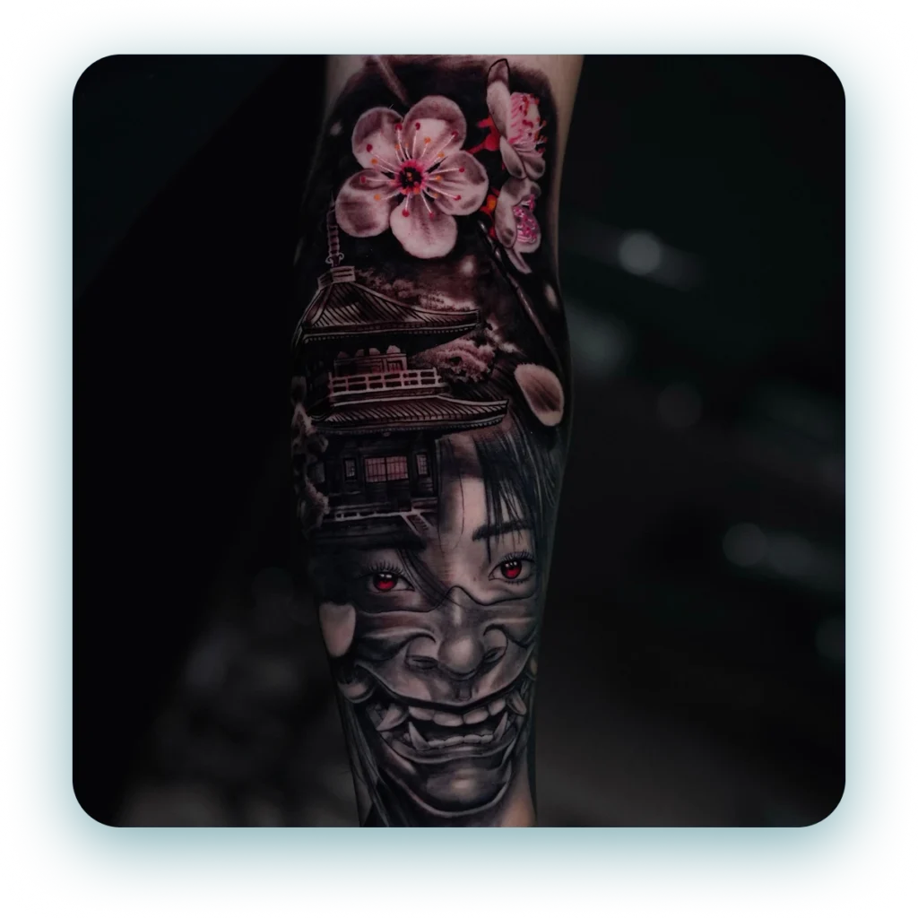 oni-mask-japanese-geisha-cherry-blossom-realism-arm-tattoo