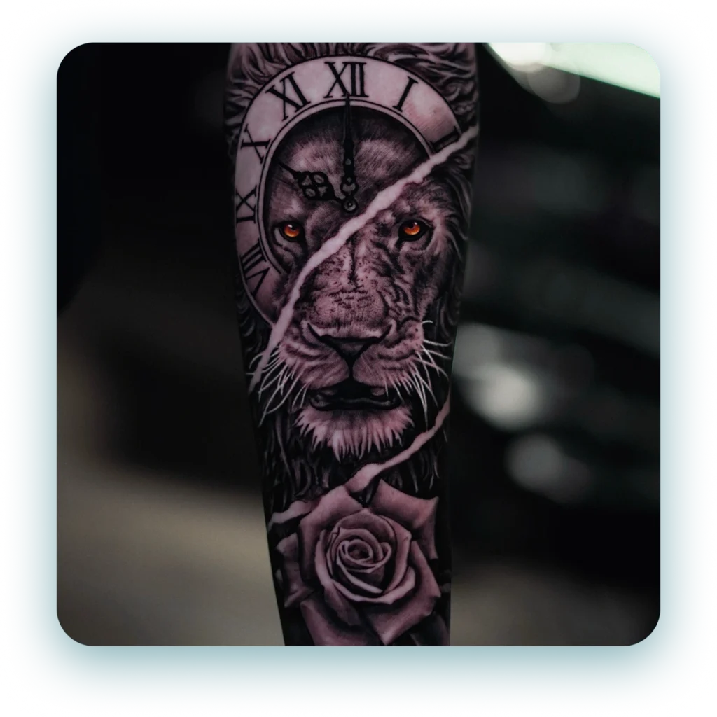 abstract-black-and-grey-lion-clock-rose-realistic-arm-tattoo