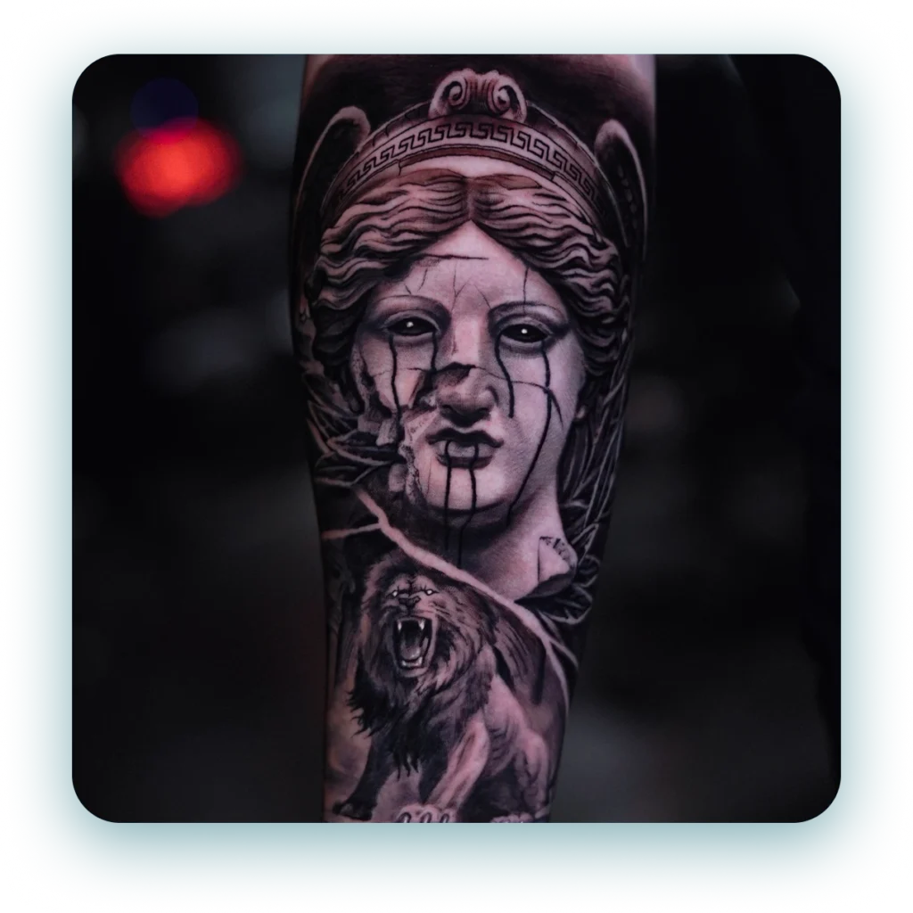 realistic-roman-statue-of-a-woman-cracked-and-decayed-black-and-grey-realistic-tattoo