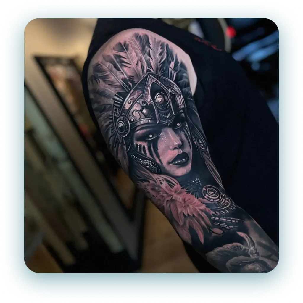 Aztec woman full arm sleeve black and white and grey realism realistic tattoo