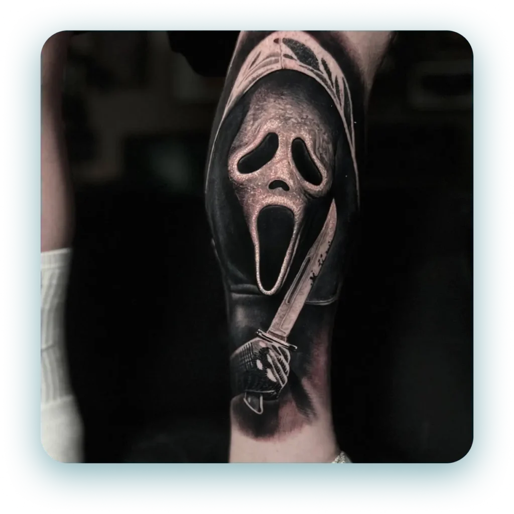 scream ghostface halloween full arm sleeve black and white and grey realism realistic tattoo