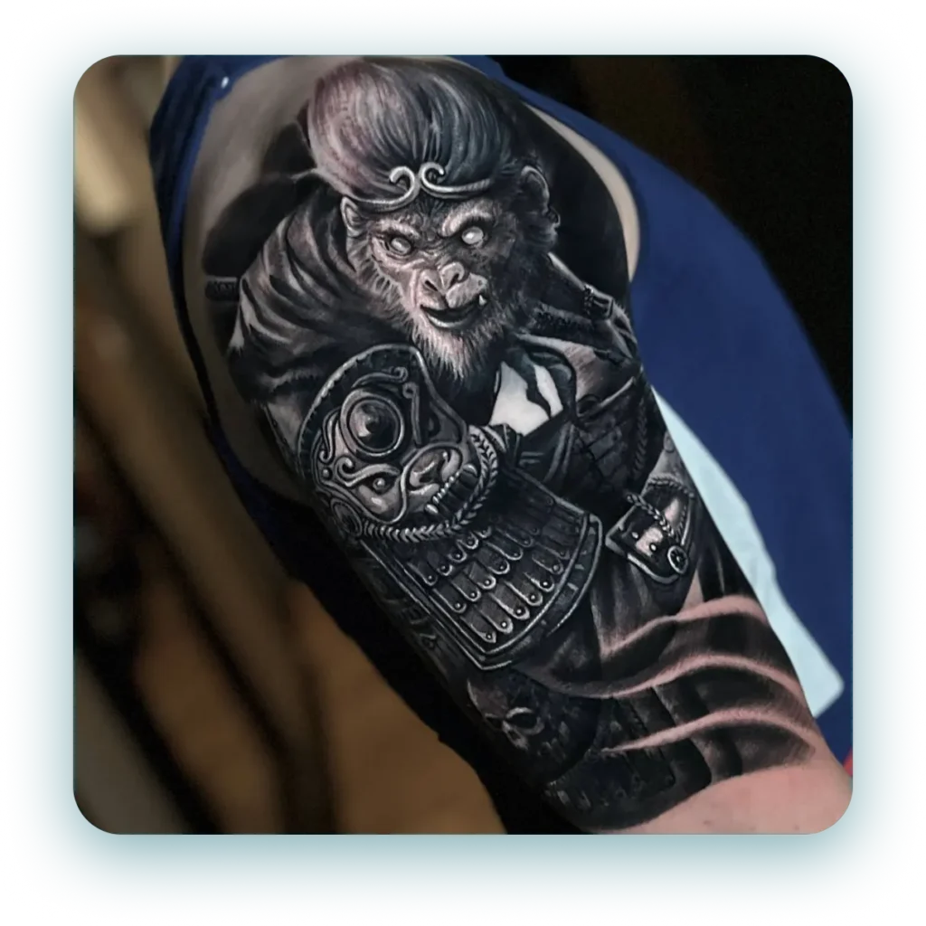 wukong monkey chinese full arm sleeve black and white and grey realism realistic tattoo