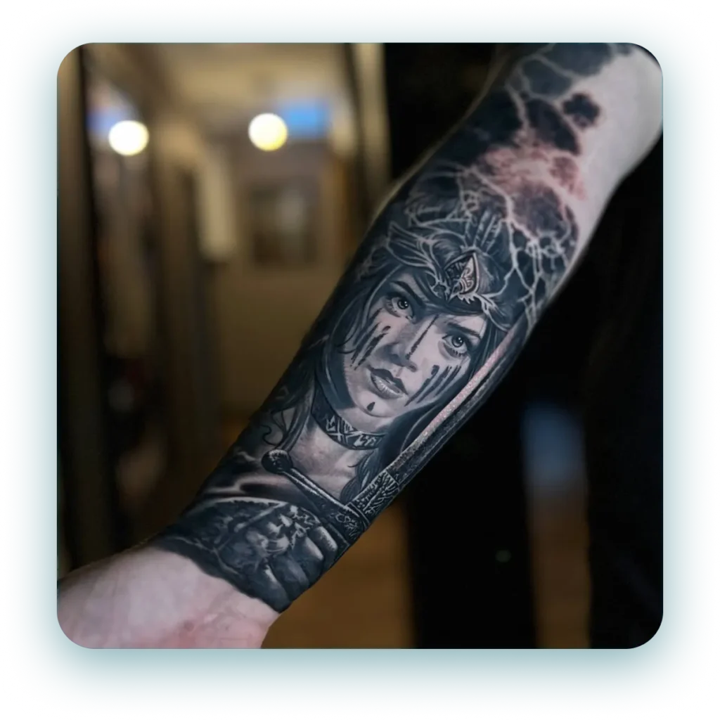 Aztec panther woman full arm sleeve black and white and grey realism realistic tattoo