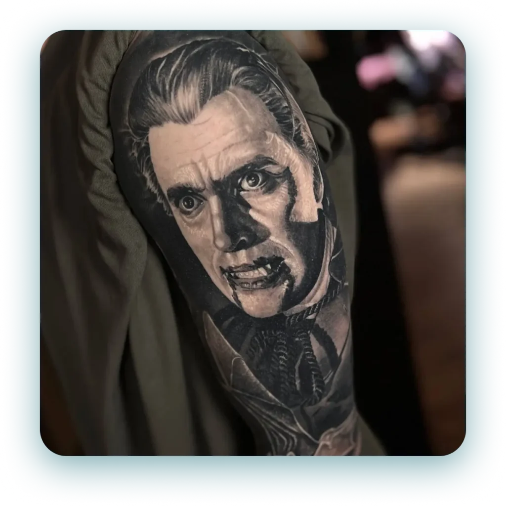 vampire dracula full arm sleeve black and white and grey realism realistic tattoo