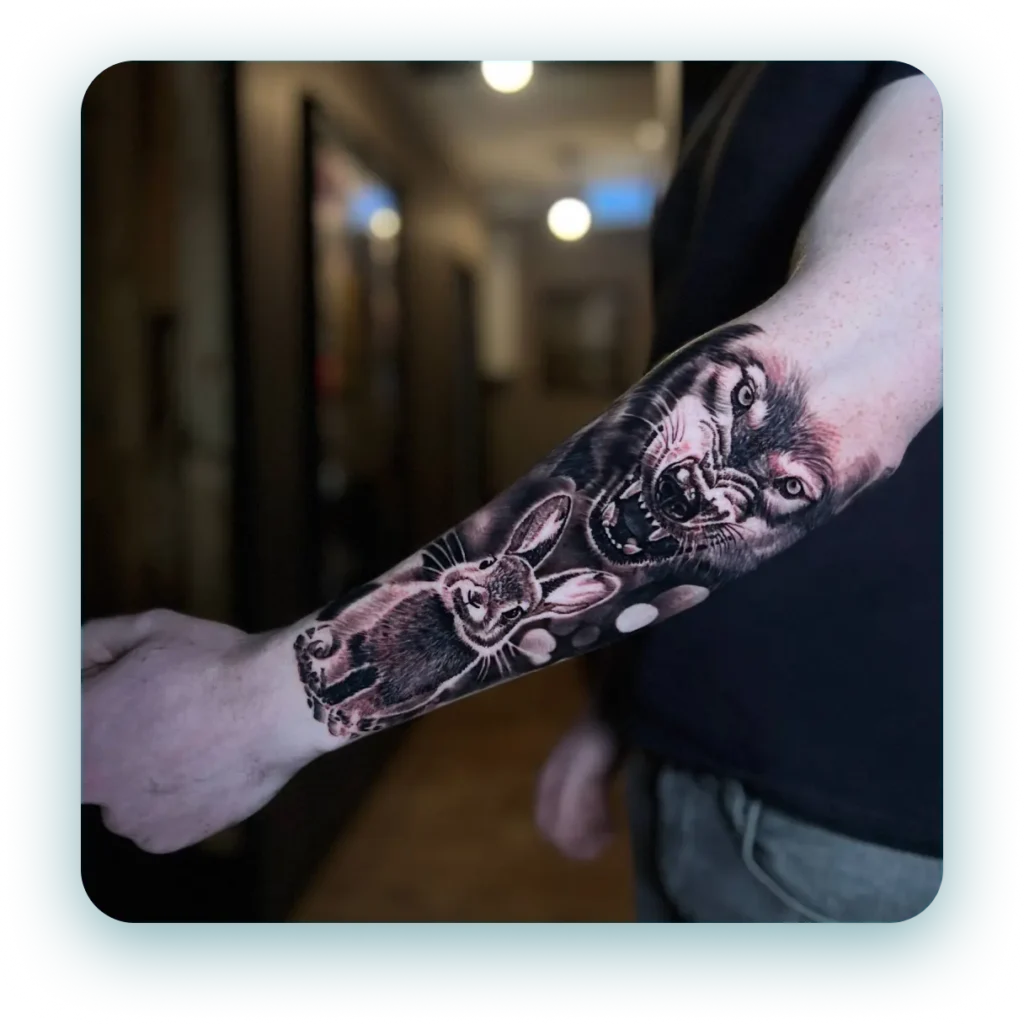 nature wolf and rabbit wilderness forest full arm sleeve black and white and grey realism realistic tattoo